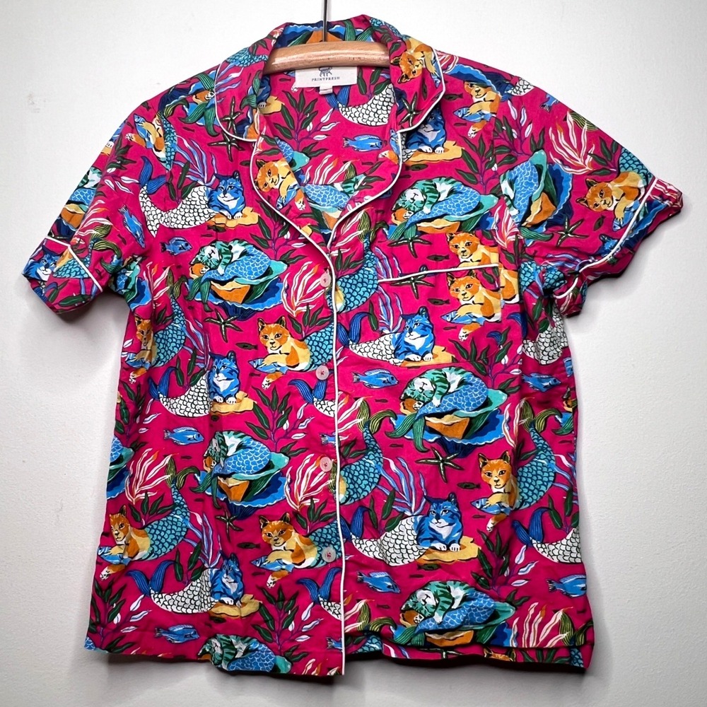 Printfresh Meowing Mermaids Cats Pink Organic Cotton Pajama Top XS Button Up - Picture 2 of 9